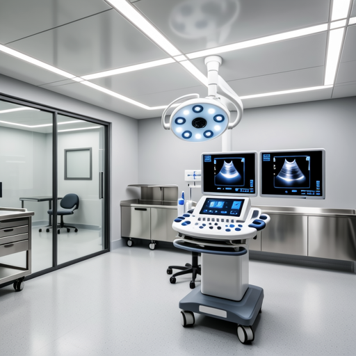 Veterinary diagnostic room with modern equipment and clean surfaces