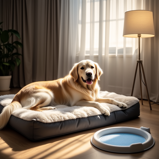Senior dog resting comfortably near potty pad station in living room