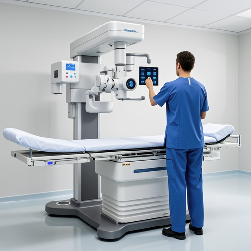 Healthcare technologist using an ergonomic X-ray positioner with safety sensors and easy-to-reach controls
