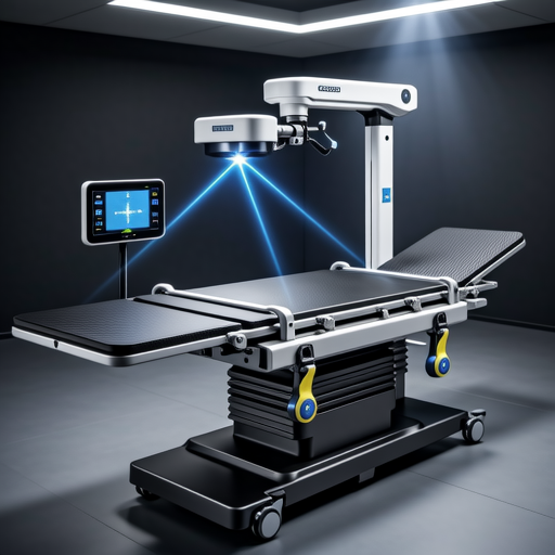 Detailed view of a modern motorized X-ray table with laser alignment and digital controls