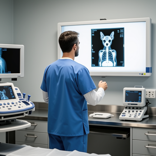Veterinary radiologist analyzing digital X-ray images on advanced workstation