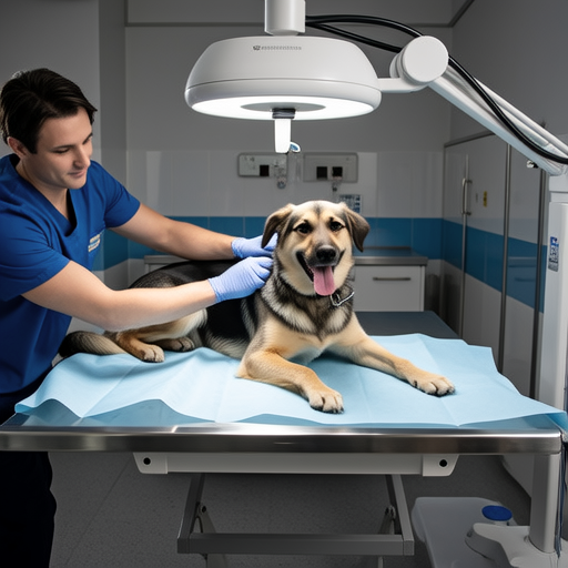 Veterinary technician positioning animal for X-ray examination