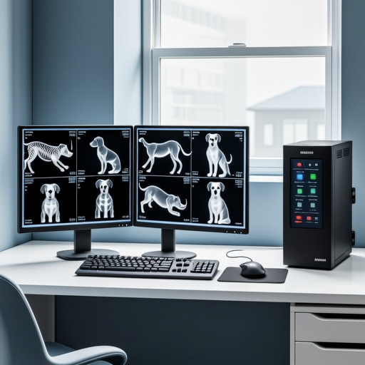 Veterinary digital radiography workstation with multiple monitors